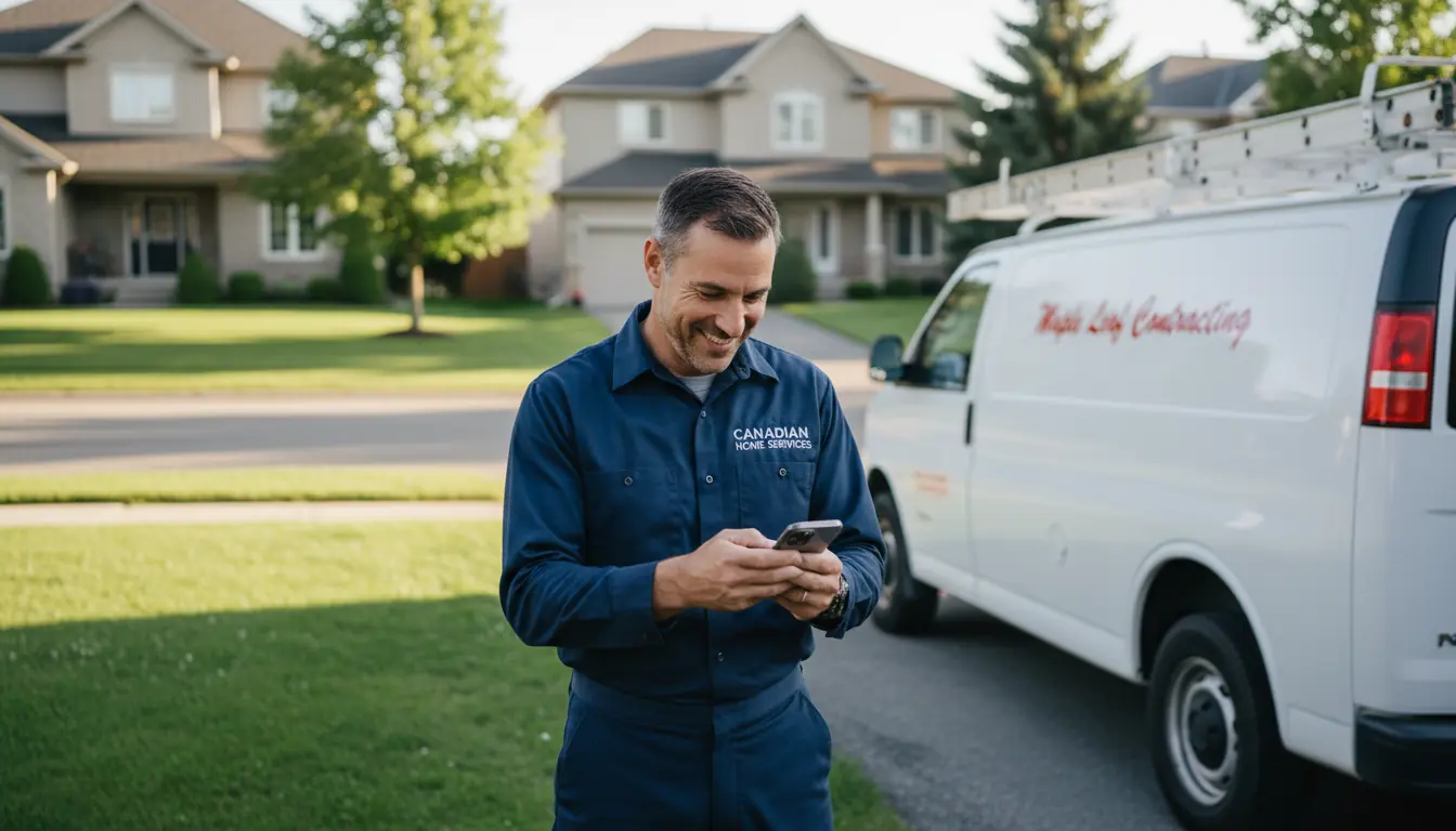 HVAC contractor checking phone by work van