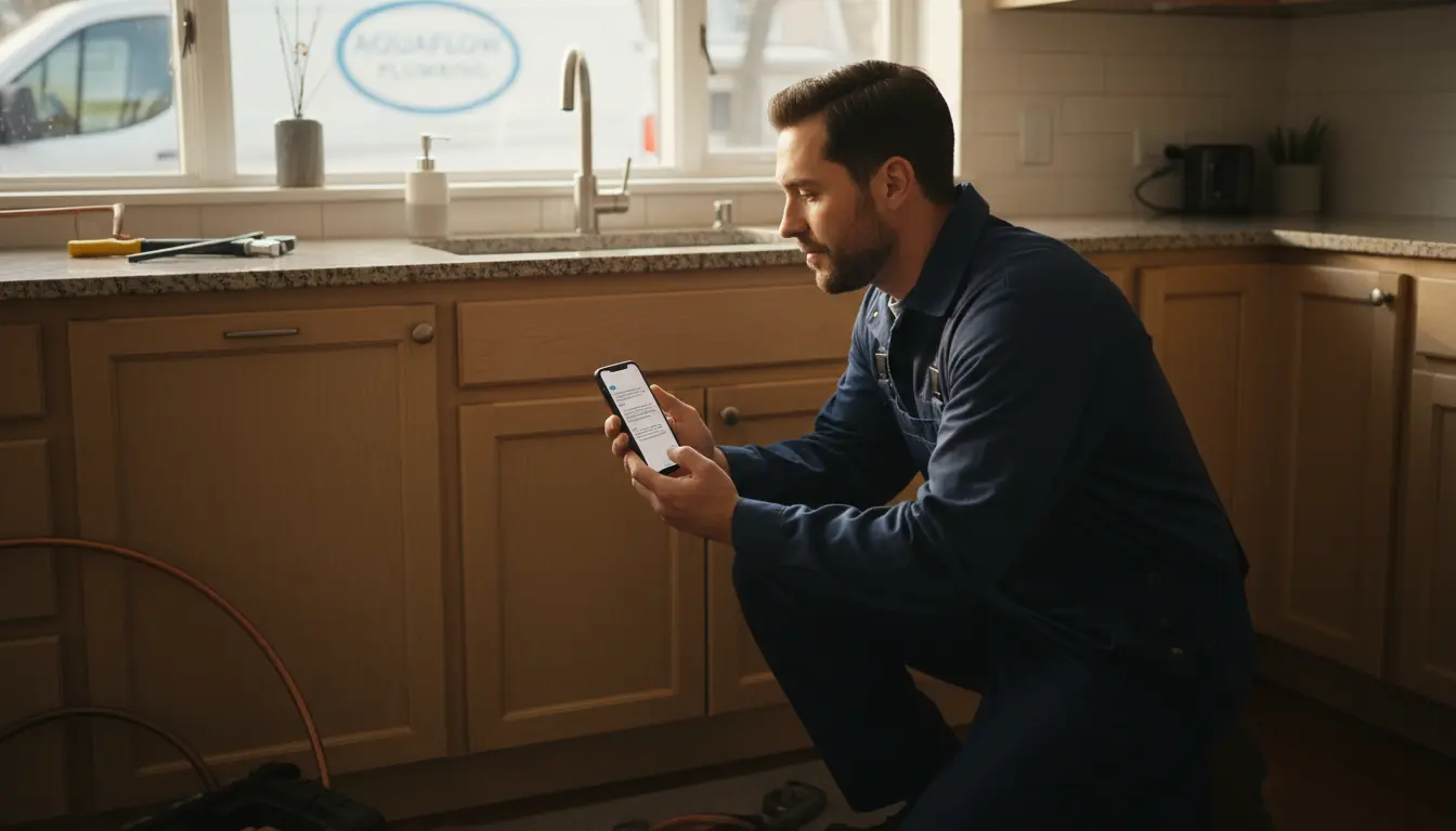 Plumber checking phone while on a job